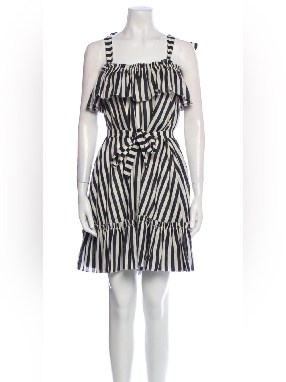 Zimmermann Linen Ruffle Tie-Waist Dress - Black & White Striped